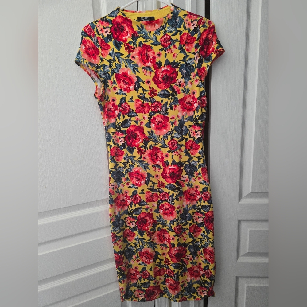 Joe Elle Womens Yellow Floral Midi Bodycon Dress